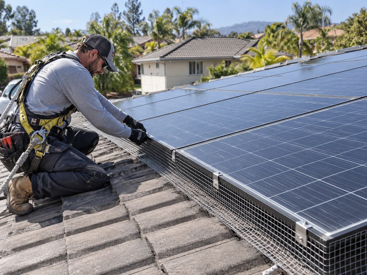Technician in a safety harness fitting bird mesh around the edge of rooftop solar panels