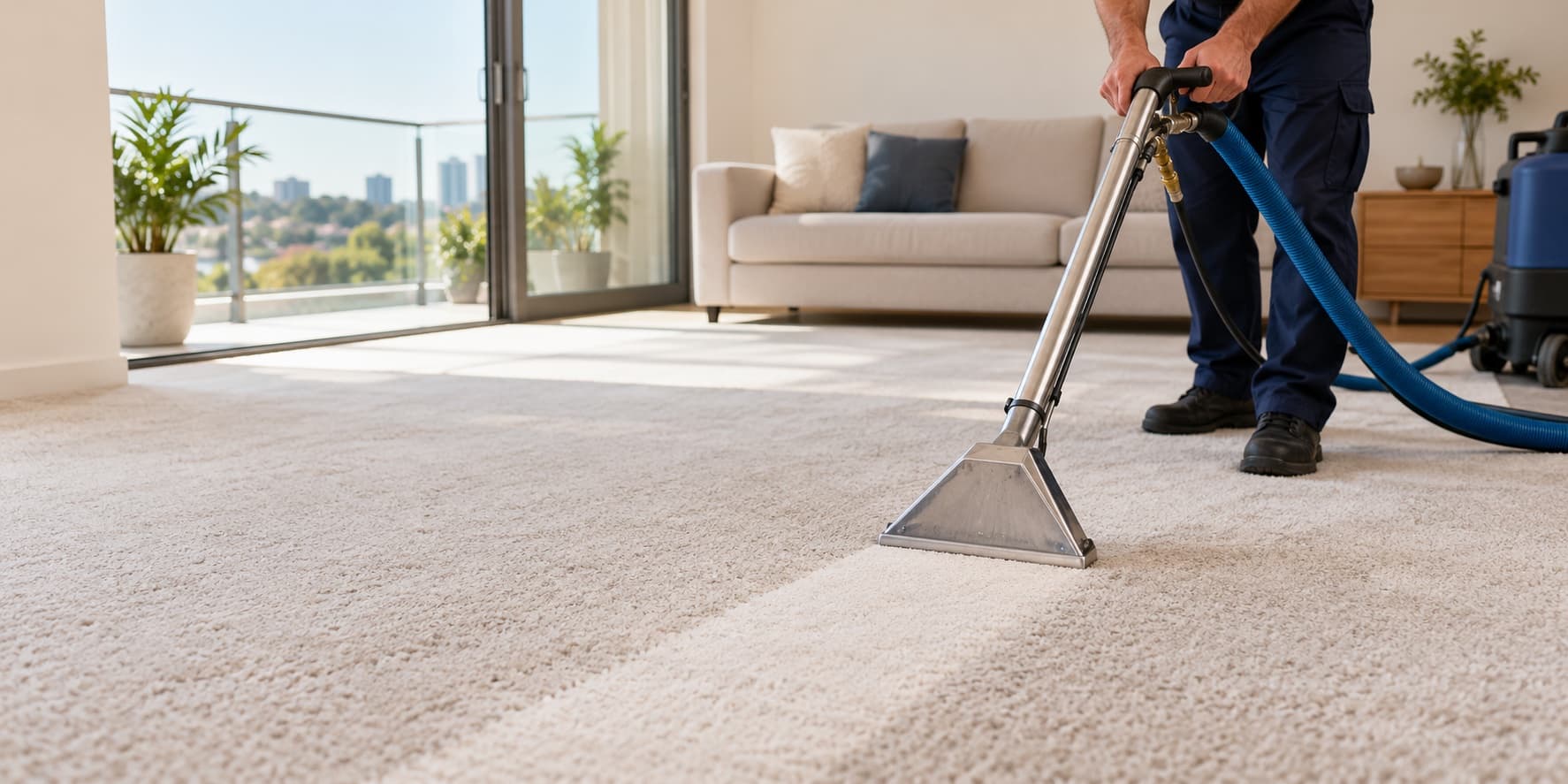 Technician using a hot-water extraction wand to clean residential carpet