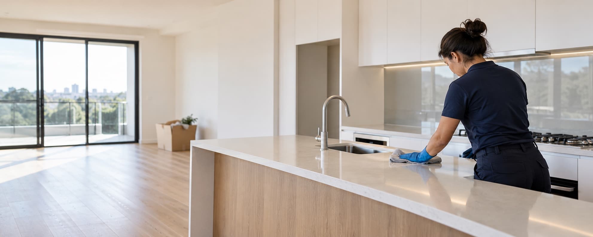 Professional cleaner wiping an empty apartment kitchen during an end of lease clean