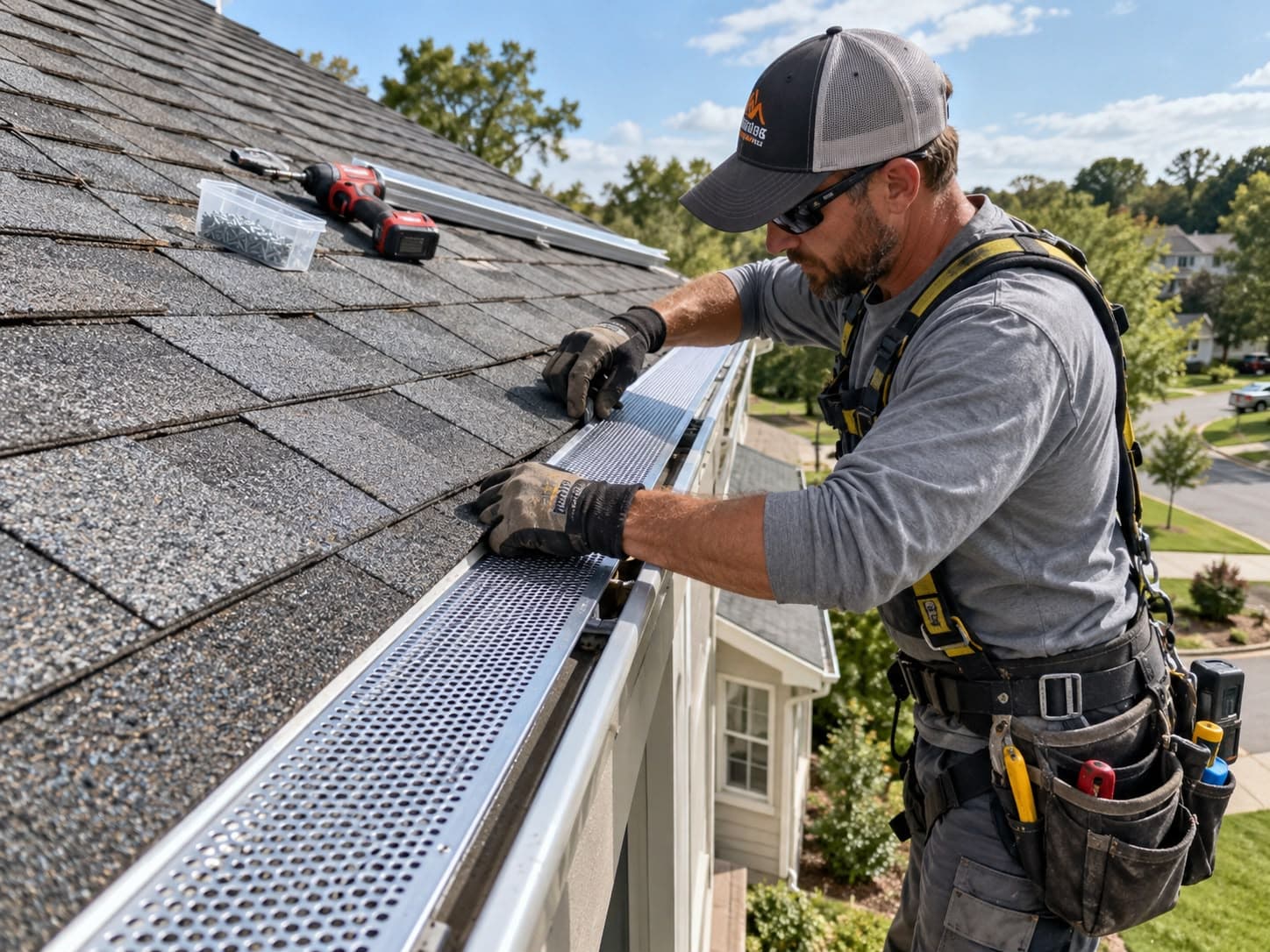 Technician in a safety harness fitting a metal mesh gutter guard along a roof edge