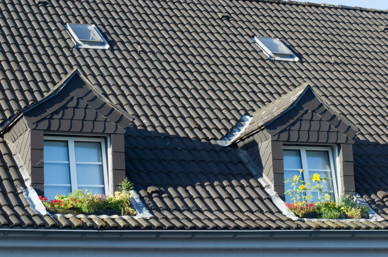Dark tiled roof with dormer windows and a clean gutter line